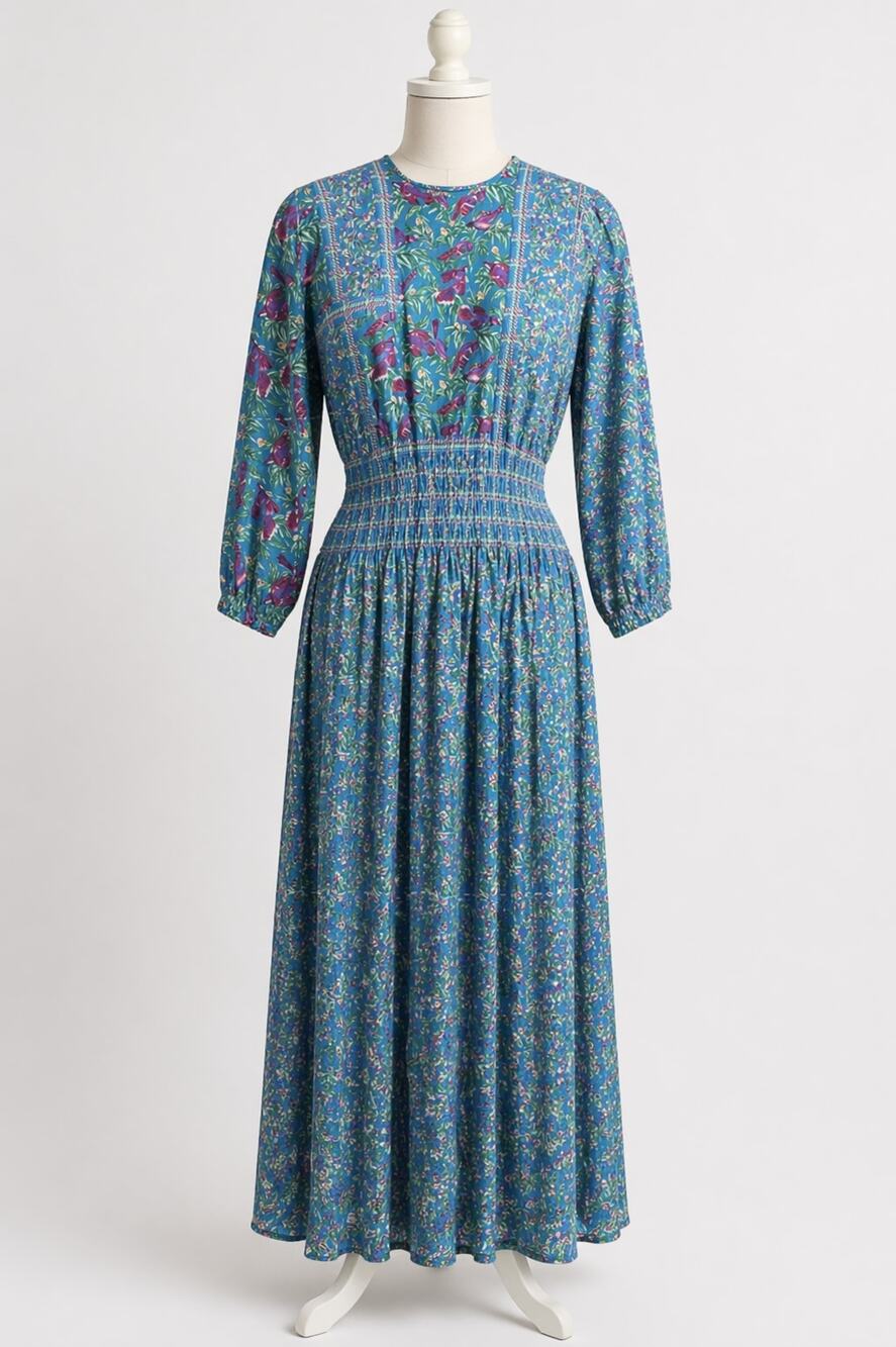 Vintage | Diane Freis Dress Blue Floral and Bird Pattern